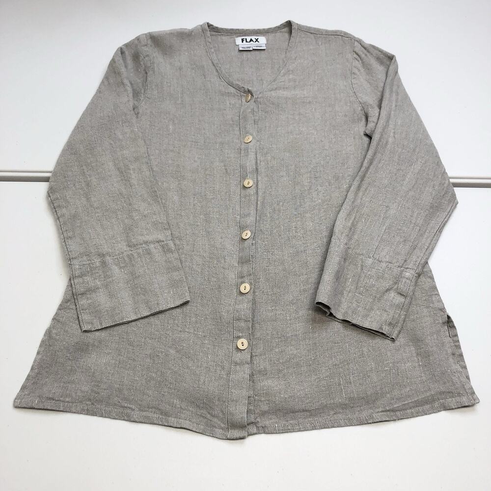 FLAX Womens Sz S 100% Linen Button Down Shirt Tunic Long Sleeve Lagenlook Boho